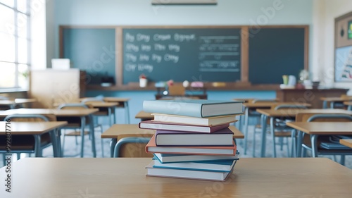 A stack of books on a desk in an empty classroom.