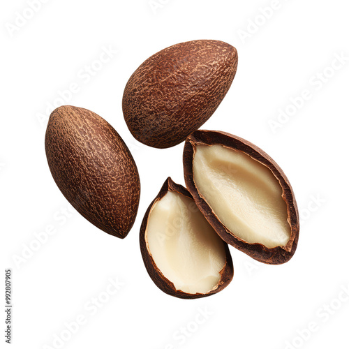 Close-up of Whole and Split Shea Nuts on Transparent Background Highlighting Natural Texture and Nutty Interior