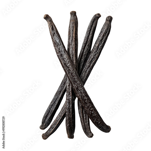 Close-Up of Dried Vanilla Beans Isolated on Transparent Background for Culinary and Aromatic Use