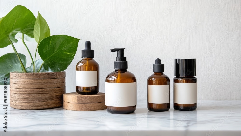 Amber Glass Bottles with Blank Labels and Green Plant Amber Glass Bottles with Blank Labels and Green Plant