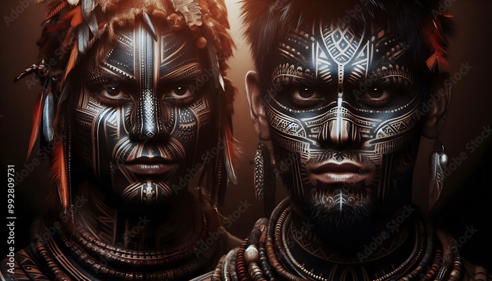 Two men with tribal face paint and outfits. Closeup portrait. Two men with tribal face paint and outfits. Closeup portrait.