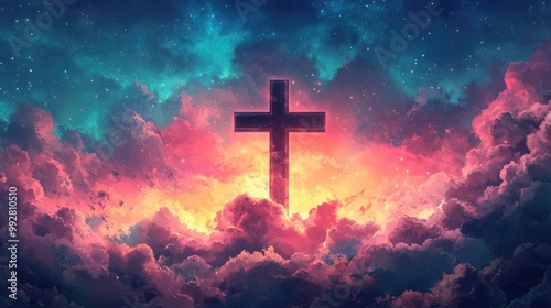 Cross symbol on a colorful clouds background