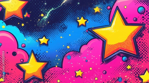 Vibrant comic book pop art featuring dynamic lightning and explosions in neon colors with a playful starry background