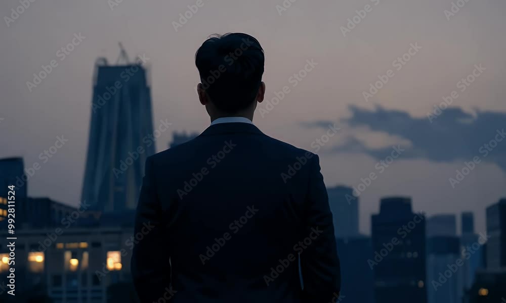 Silhouette of a businessman stands facing the city skyline at dusk, with dramatic clouds adding depth to the scene Silhouette of a businessman stands facing the city skyline at dusk, with dramatic clouds adding depth to the scene