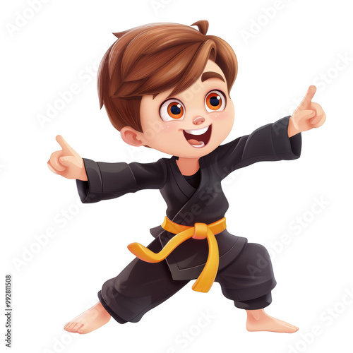 A happy young boy in a black karate uniform with a yellow belt, giving a thumbs up with both hands.