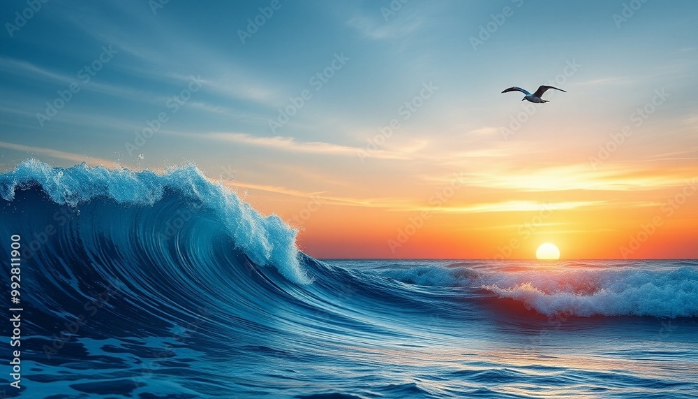 Fototapeta premium 3d sea waves layered background with a birds and sunset