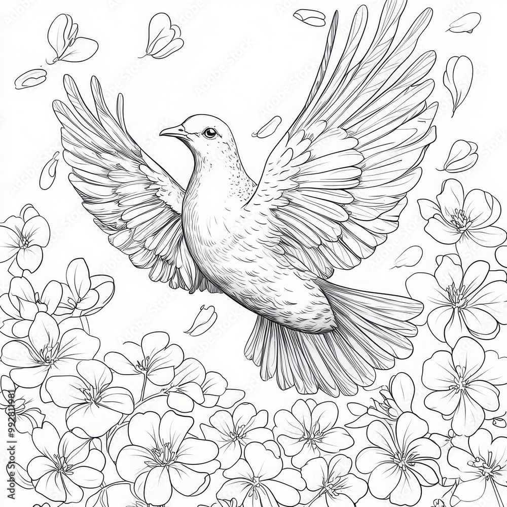 Obraz premium Elegant Bird in Flight Surrounded by Blossoms