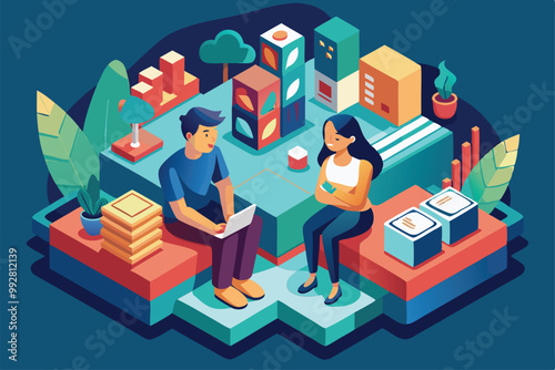 A couple engages in conversation while seated in a vibrant, outdoor workspace surrounded by greenery, Customizable isometric illustration for couple stress.