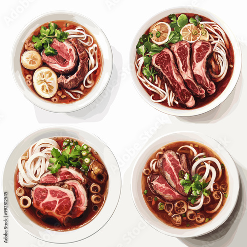 Four bowls of beef noodle soup with lemon slices and green herbs. The bowls are arranged in a square formation, with each one featuring a different type of noodle. The soup is rich and flavorful