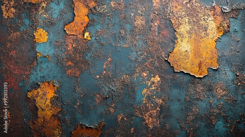 Rusty and Peeling Blue, Orange, and Gold Metal Surface photo