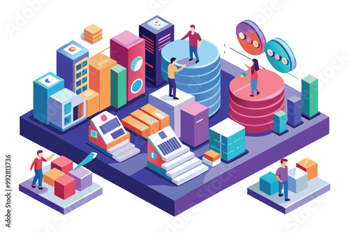 A colorful isometric illustration showcases people analyzing data trends within a modern cityscape, Customizable Isometric Illustration for Data Trends
