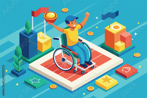 A person in a wheelchair triumphantly raises a medal while surrounded by trophies and coins, Customizable Isometric Illustration for Disabled Winner