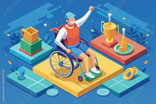 A disabled athlete in a wheelchair joyfully celebrates winning trophies in an engaging, colorful setting, Customizable Isometric Illustration for Disabled Winner