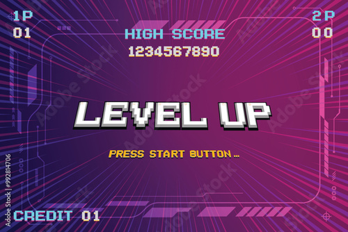 LEVEL UP. pixel art .8 bit game. retro video game. for game assets, circuit technology background design. UI HUD