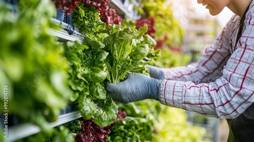 A close-up of workers harvesting produce from the highest tiers of a vertical farm, using specialized equipment