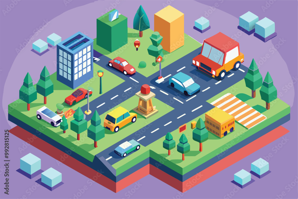 Explore a vibrant isometric design featuring a city driving environment with various vehicles and buildings, Customizable isometric illustration for driving. Explore a vibrant isometric design featuring a city driving environment with various vehicles and buildings, Customizable isometric illustration for driving.