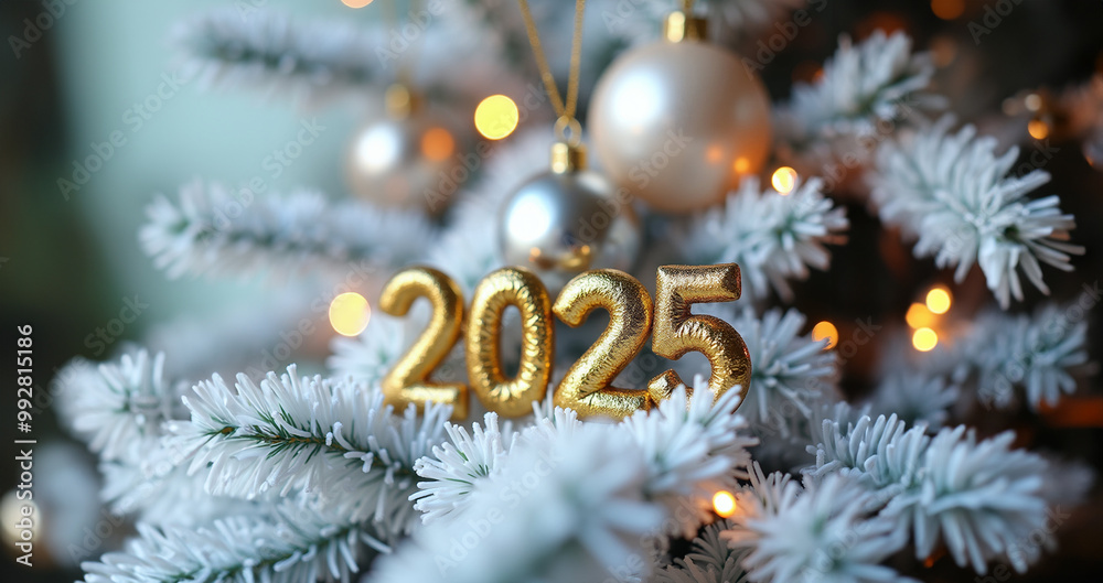 A white Christmas tree adorned with gold ornaments, symbolizing hope and prosperity for the New Year 2025. A white Christmas tree adorned with gold ornaments, symbolizing hope and prosperity for the New Year 2025.
