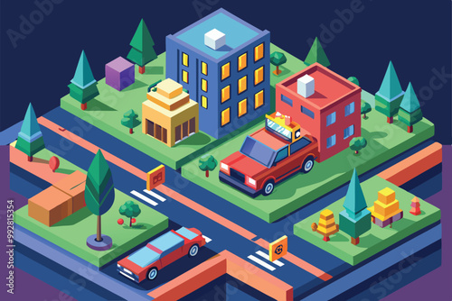 A colorful urban setting features vehicles driving through an isometric landscape with trees and buildings, Customizable isometric illustration for driving.