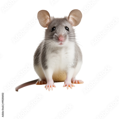 Adorable Gray Mouse Sitting On A Block Of Cheese On A White Background