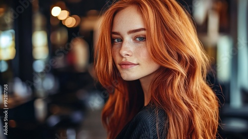 Portrait of a Redhead Woman with Long Wavy Hair