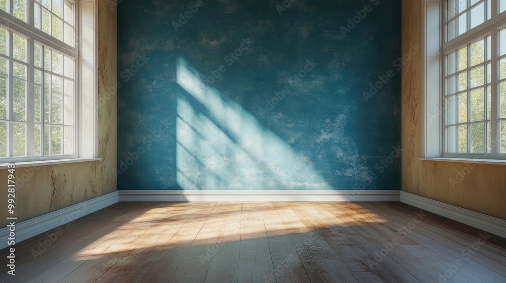 Empty living room with blue-toned walls Empty living room with blue-toned walls