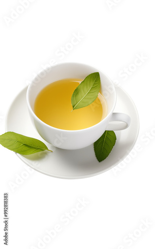 Cup Of Green Tea With Fresh Mint Leaves On A Saucer