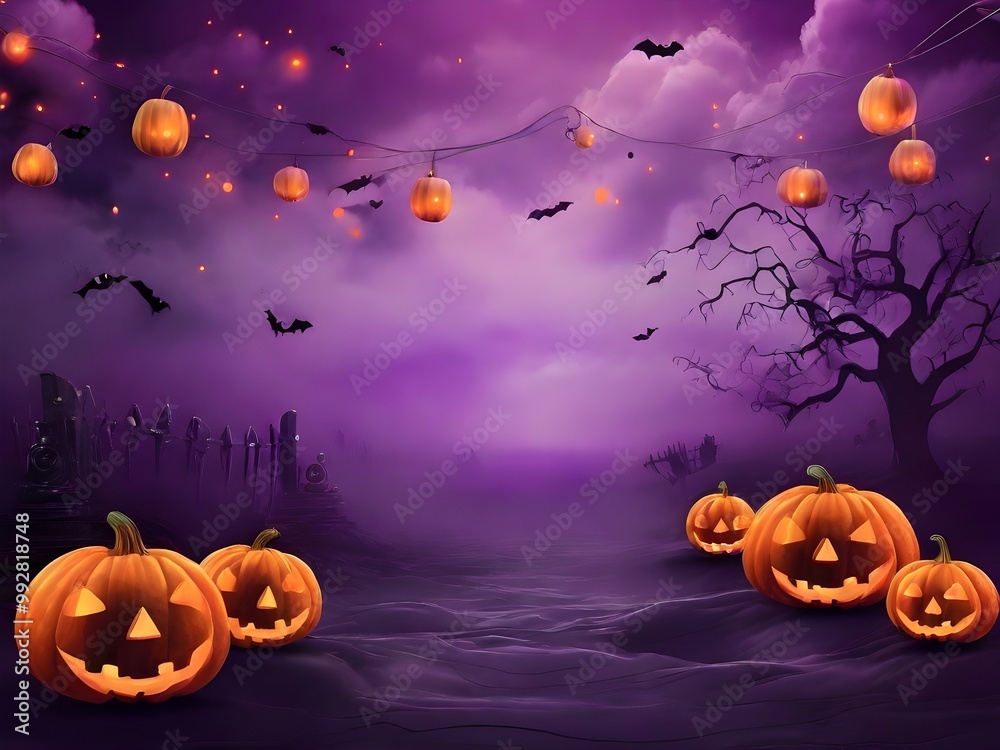 Fototapeta premium A fun Halloween backdrop with purple mist clouds and pumpkins in the background