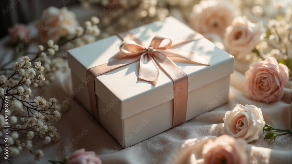 Elegant gift box for valentine's day with satin ribbon and pink roses on a soft fabric background Elegant gift box for valentine's day with satin ribbon and pink roses on a soft fabric background