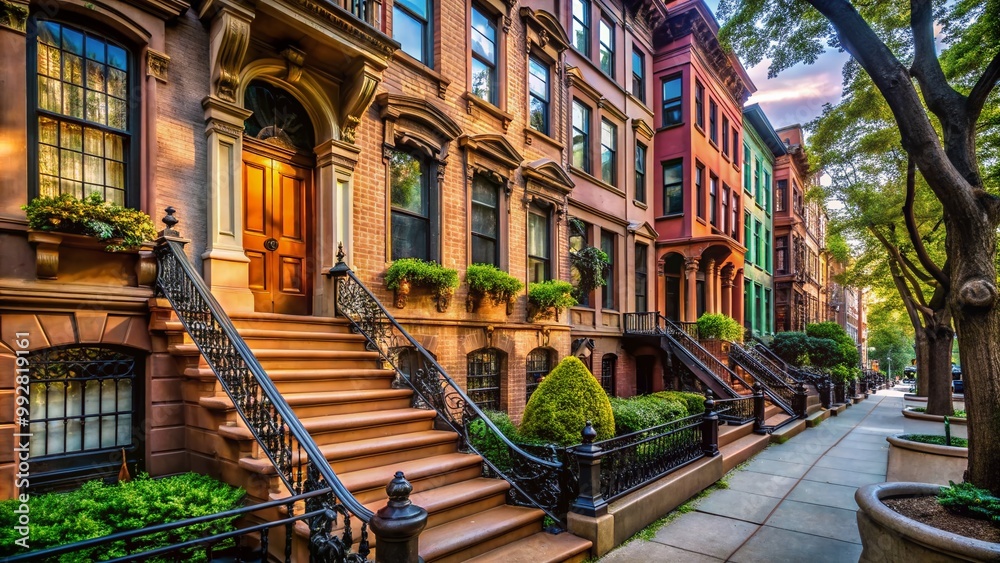 Fototapeta premium Elegant Brownstone Architecture in Urban Setting Showcasing Classic Design and Historical Charm