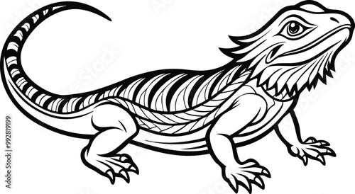 Bearded dragon line art animal silhouette vector icon, illustration on black and white.