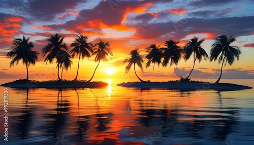 Serene Tropical Island at Sunset with Silhouetted Palm Trees and Reflective Calm Ocean