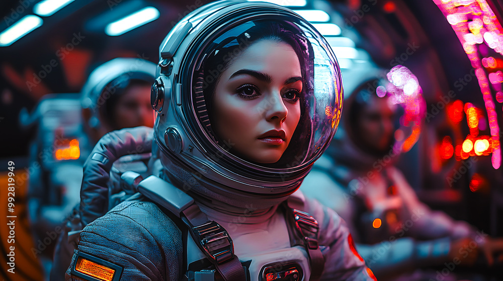 Obraz premium Femme robot portant une combinaison d'astronaute avec casque, dans un vaisseau spatial