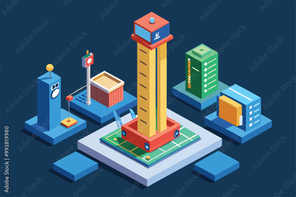 This illustration displays a tall tower surrounded by various buildings designed for height measurement, Customizable isometric illustration for height measurement. This illustration displays a tall tower surrounded by various buildings designed for height measurement, Customizable isometric illustration for height measurement.