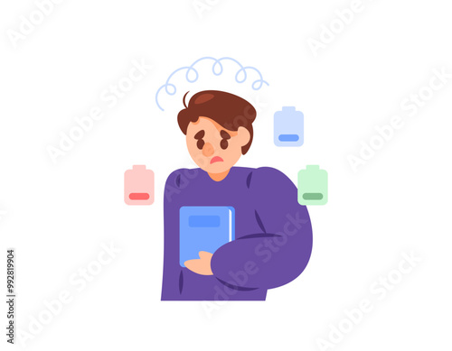 concept of running out of energy. illustration of a man looking tired. student who is tired of studying. worker or employee who is tired. facial expression of a person. flat style character design