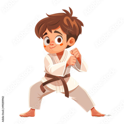 A young boy in a white karate uniform with a brown belt stands in a fighting stance.