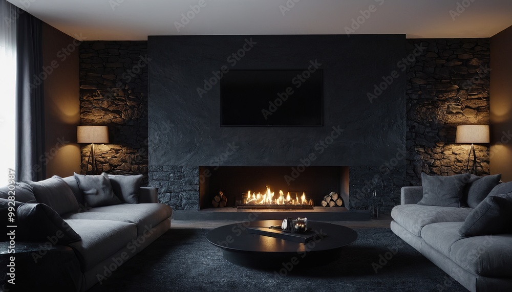 A fireplace with a black wall behind it 13 A fireplace with a black wall behind it 13