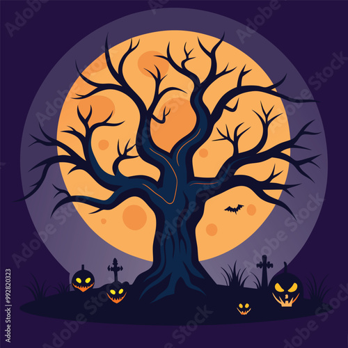 The vector illustration of the magic tree with a Halloween concept. Whimsical Tree of Spooks and Specters.