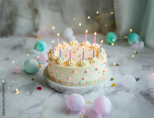 Food photography of a beautiful delicious birthday cake with candles