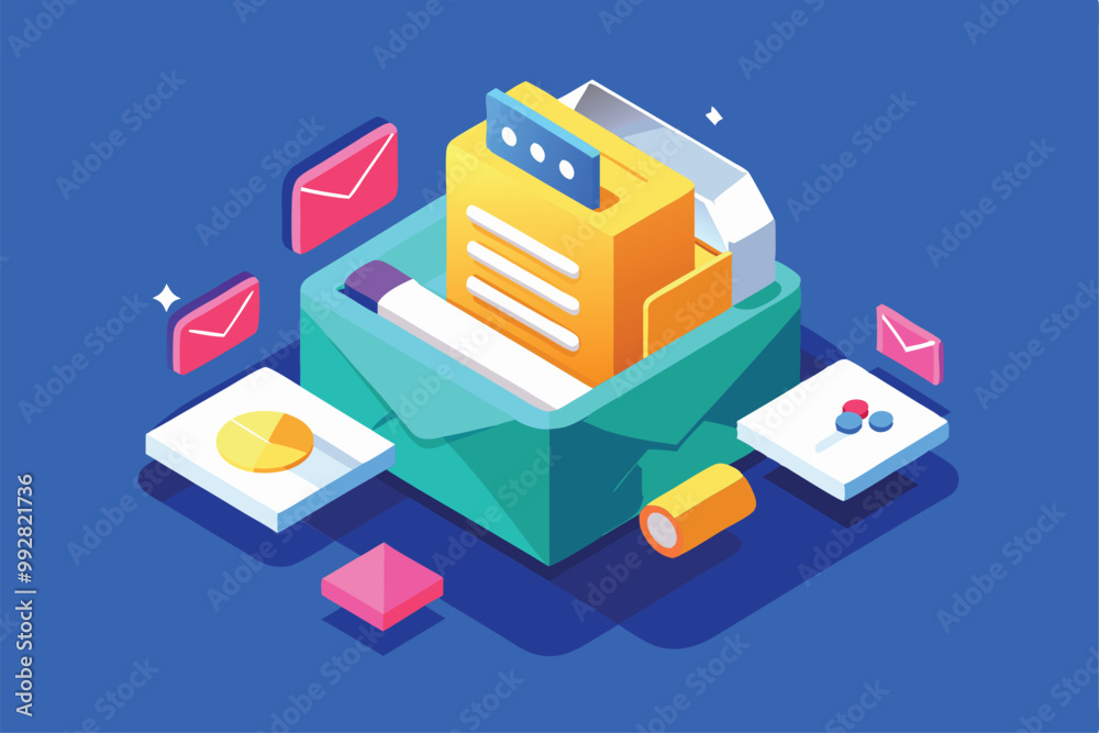 An isometric illustration depicts a colorful inbox filled with tasks and various mail icons for organization, Customizable Isometric Illustration for Inbox Cleanup An isometric illustration depicts a colorful inbox filled with tasks and various mail icons for organization, Customizable Isometric Illustration for Inbox Cleanup
