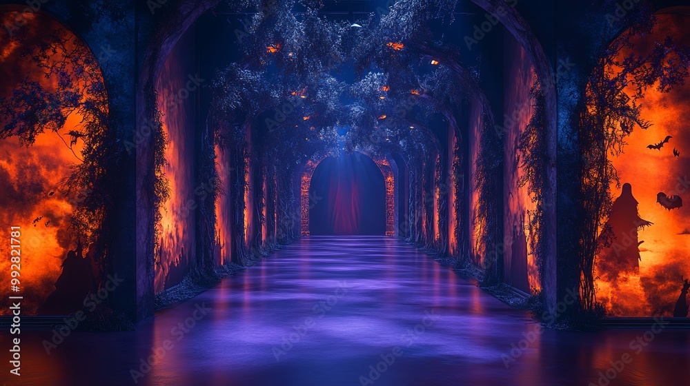 A catwalk designed for Halloween with a deep purple runway illuminated by flickering orange spotlights A catwalk designed for Halloween with a deep purple runway illuminated by flickering orange spotlights