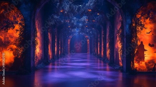 A catwalk designed for Halloween with a deep purple runway illuminated by flickering orange spotlights