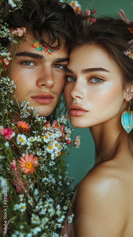 Obraz premium Ukrainian Elegance in Bloom, Two supermodels adorned with vibrant makeup and high-fashion accessories, surrounded by a floral art installation against a pastel green backdrop