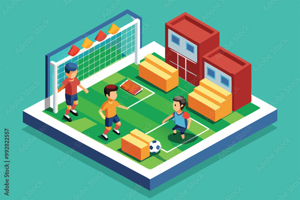Three junior players engage in a lively game of soccer on a colorful isometric field near their homes, Customizable isometric illustration for junior soccer. Three junior players engage in a lively game of soccer on a colorful isometric field near their homes, Customizable isometric illustration for junior soccer.