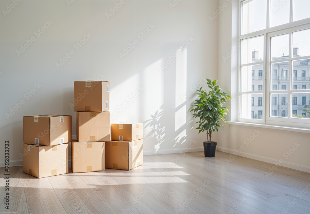 Cardboard boxes waiting in empty room with sunlight Cardboard boxes waiting in empty room with sunlight