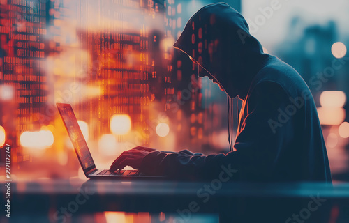 Cyber hacker attack concept. Abstract digital hacker man with a laptop. Male criminal, hoodie and ready for coding, cyber-attack and programming for malware with tech, scam and data