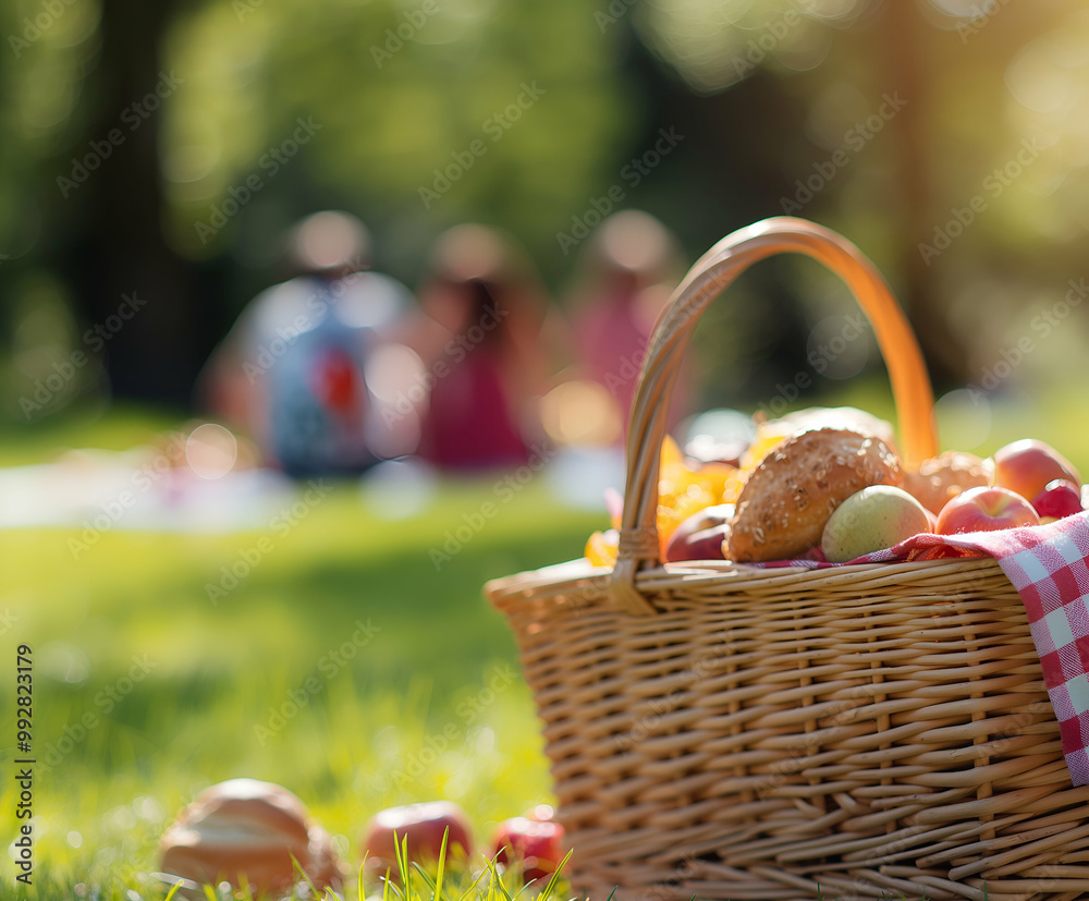 A picnic basket filled with bread and apples sits on green grass, with a blurred background of people enjoying a picnic. A picnic basket filled with bread and apples sits on green grass, with a blurred background of people enjoying a picnic.