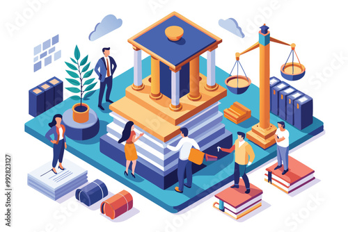 This illustration depicts a law firm environment with professionals engaged in various legal activities and discussions, Customizable Isometric Illustration for Law Firm