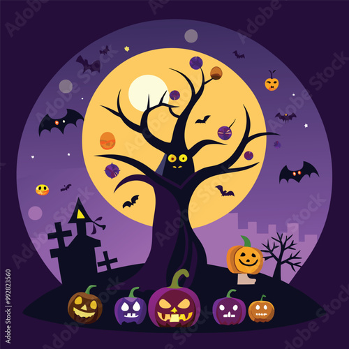 The vector illustration of the magic tree with a Halloween concept. Whimsical Tree of Spooks and Specters.