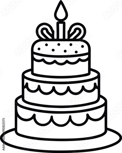 Vector line art black and white birthday cake with candles. Holiday line icon for kids isolated illustration on white background.