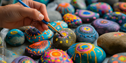 A close-up of a hand painting colorful designs on a stone among many decorated stones. The stones feature vibrant patterns in various colors, showcasing artistic creativity.